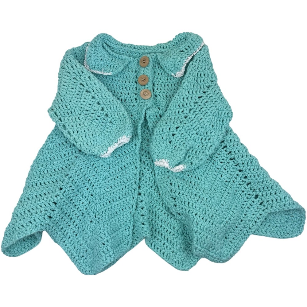 Handmade Crochet Baby Girl Blue Cardigan Boho Sweater Cottagecore 12-18 Photos